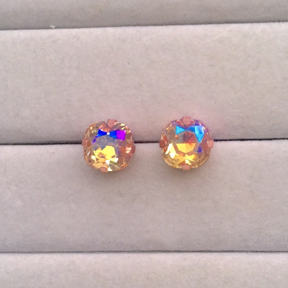 Iridescent Champagne Topaz Sparkle + Rose Gold Cushion Cut Crystal Earrings - Picture 6 of 8